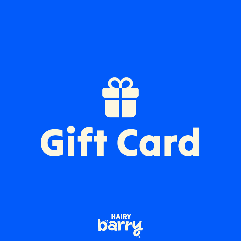 Gift card logo with 'Hairy Barry' branding on a blue background