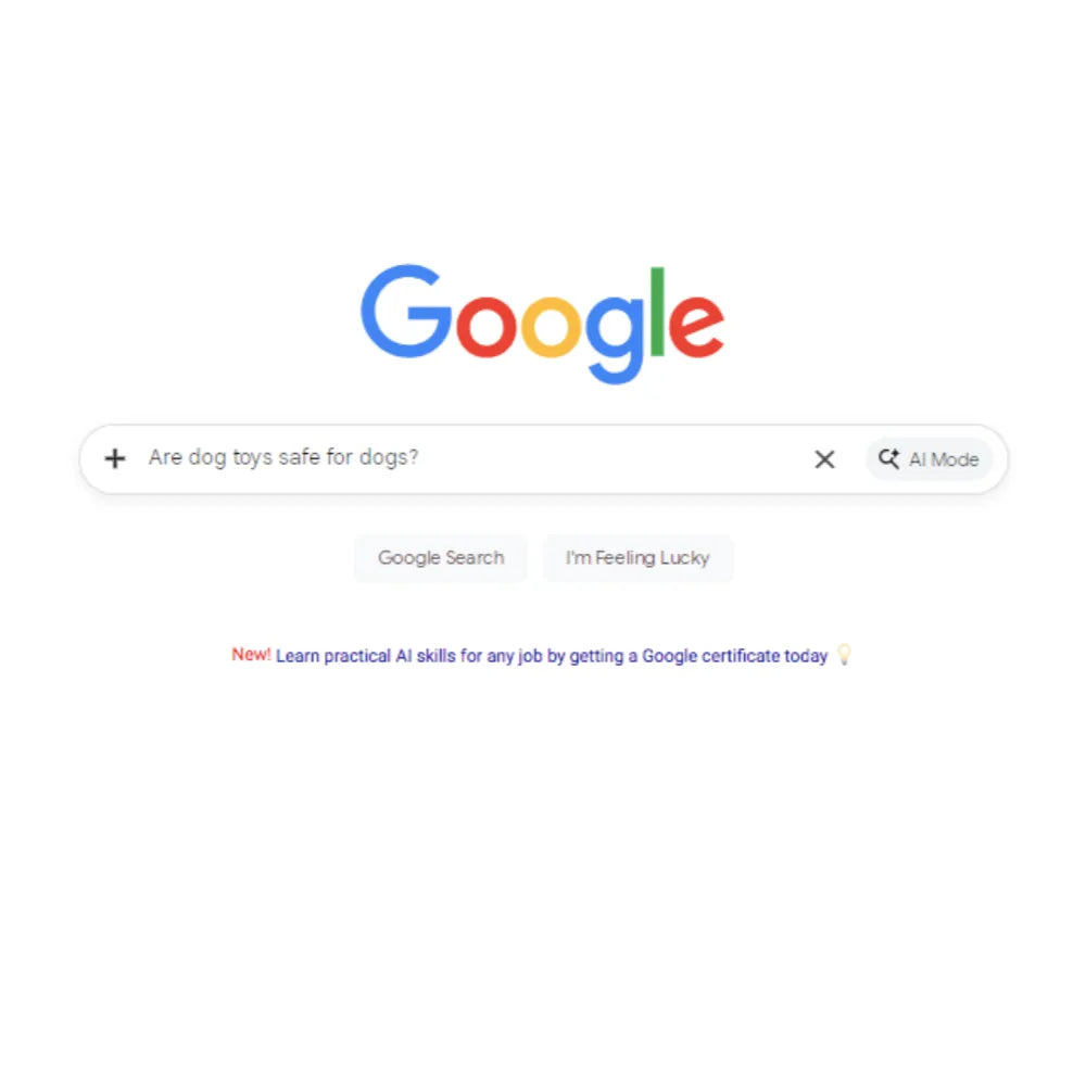 Google search bar with a query about dog toys on a white background