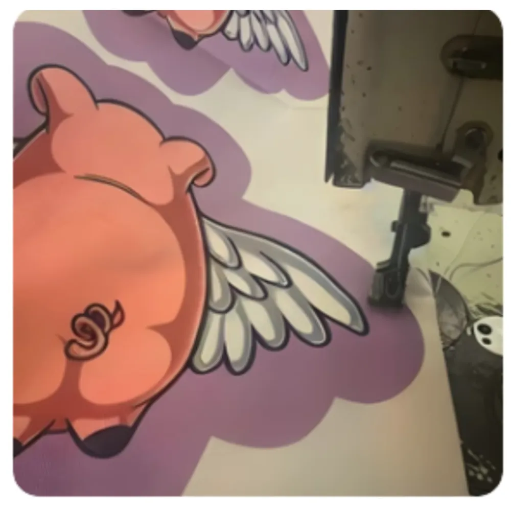 Hairy Barry When Pigs Fly Cartoon character pig with wings on a colorful background
