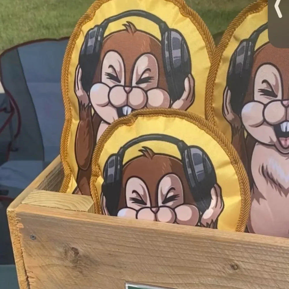 Hairy Barry Cartoon character squirrel with headphones on with a yellow background in a wooden box.