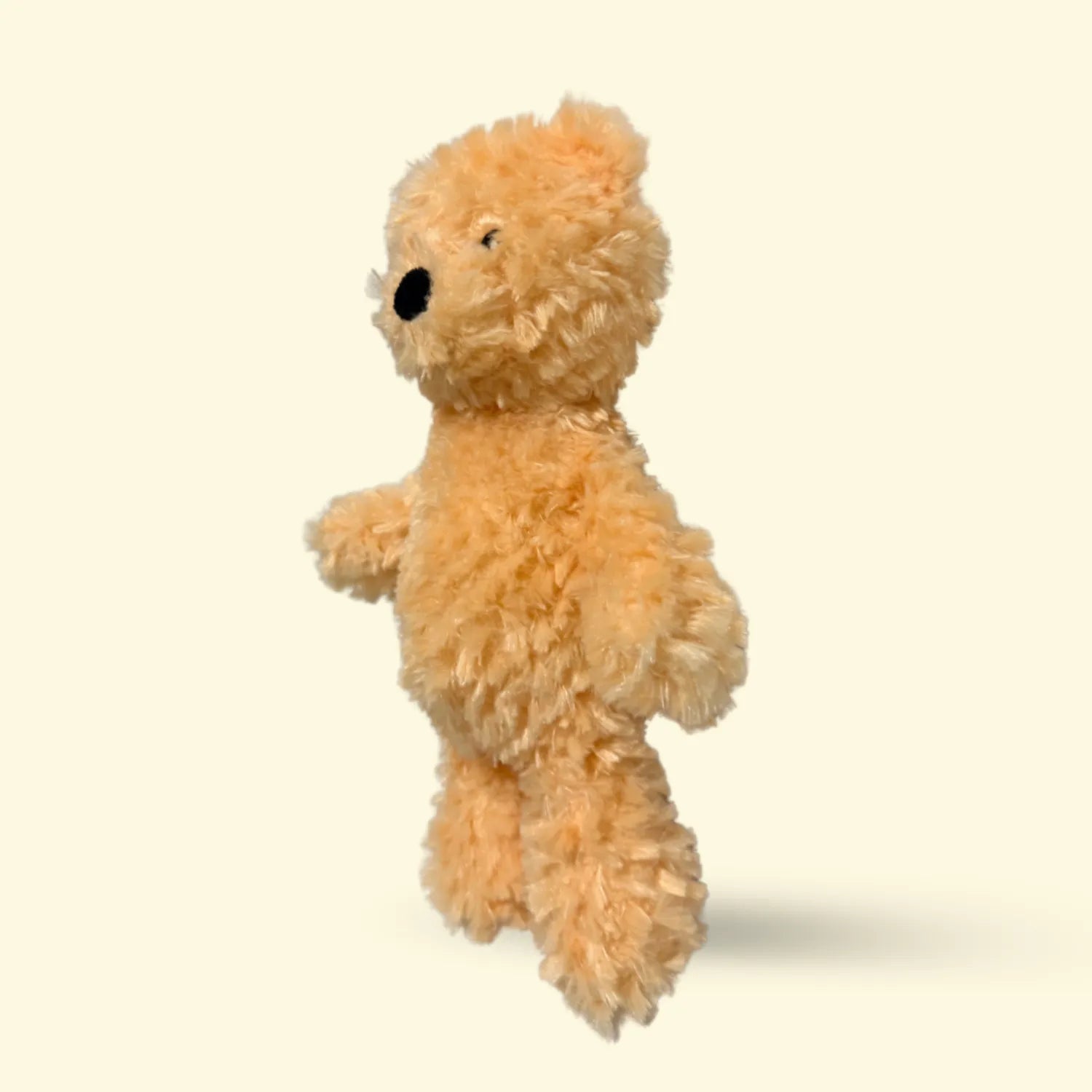 Small Plush Hairy Barry dog toy resembling a teddy bear on a beige background