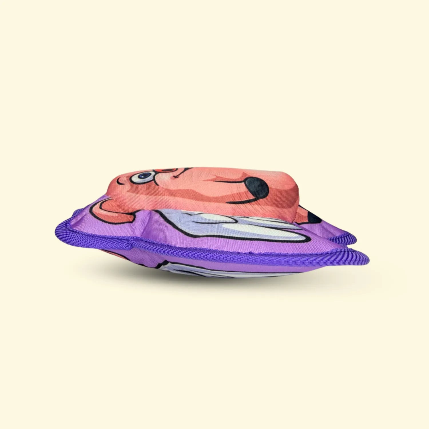 Hairy Barry Pink and purple when pigs fly dog toy with cartoon character on a beige background